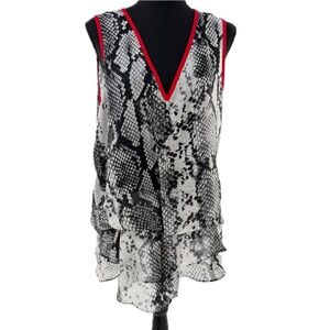 CACHE Snakeskin Print Deep V-Neck Sleeveless Sheer Blouse Red Trim Size Large